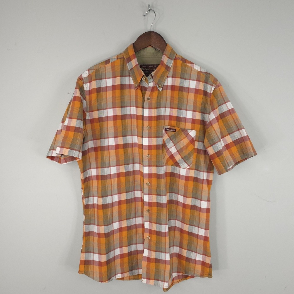 Marlboro Classics Shirt Mens XL Orange Plaid Short Sleeve Button Down Italy‎